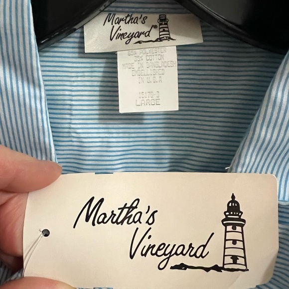 Martha’s Vineyard button up blouse blue white stripe handmade ribbon flowers NWT - Picture 3 of 8